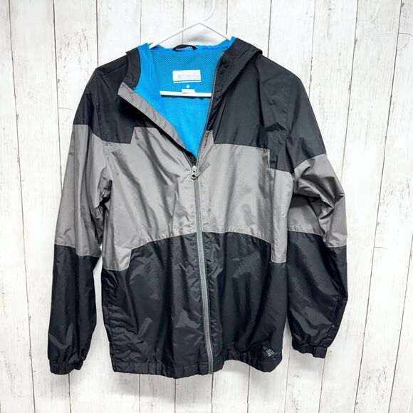 Columbia Jacket Kid 18/20 Windbreaker Black/Grey Zip Up Hooded Front Pocket - Picture 1 of 4